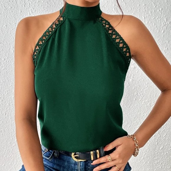 Green Boho Womens Tie Backless Ruffle Trim Peplum Blouse - Picture 2 of 5